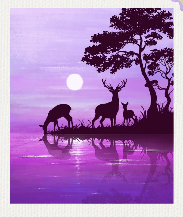 the silhouettes of deer and their fawn are reflected in the water at sunset