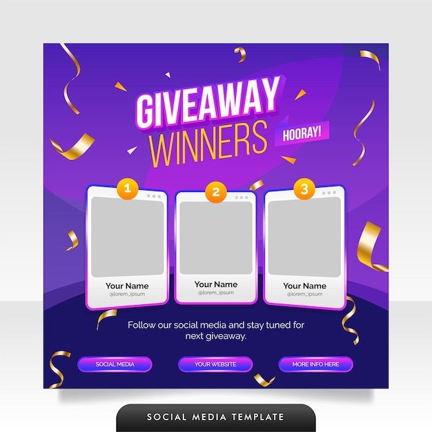 a purple and gold social media banner with three frames for the winners in front of them