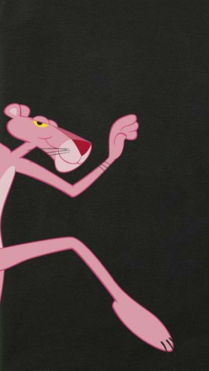 the pink panther is running with its mouth open and tongue out, in front of a black background