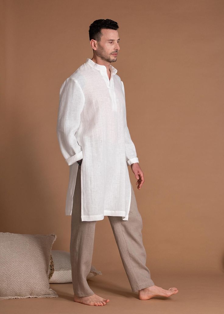 Mens Linen Outfits, Long Linen Shirt, Kurta Men, Linen Men, Linen Clothing, Palette Color, Mens Linen, Linen Tunic, Kimono Cardigan