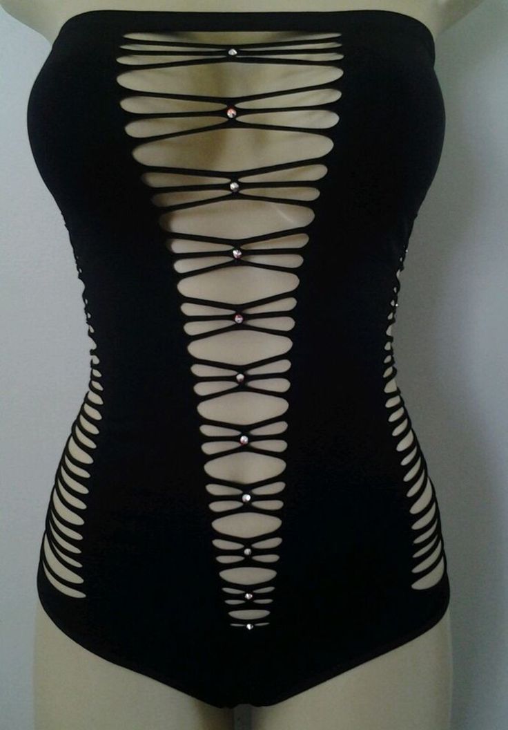 ༻⚜༺ ❤️ ༻⚜༺ Black Cut-Out Swimsuit w| Rhinestones ༻⚜༺ ❤️ ༻⚜༺ Striper Outfits, Cut Shirt Designs, Diy Cut Shirts, 00s Mode, Dancers Outfit, Diy Vetement, Grunge Style, Rave Outfits, Edgy Outfits