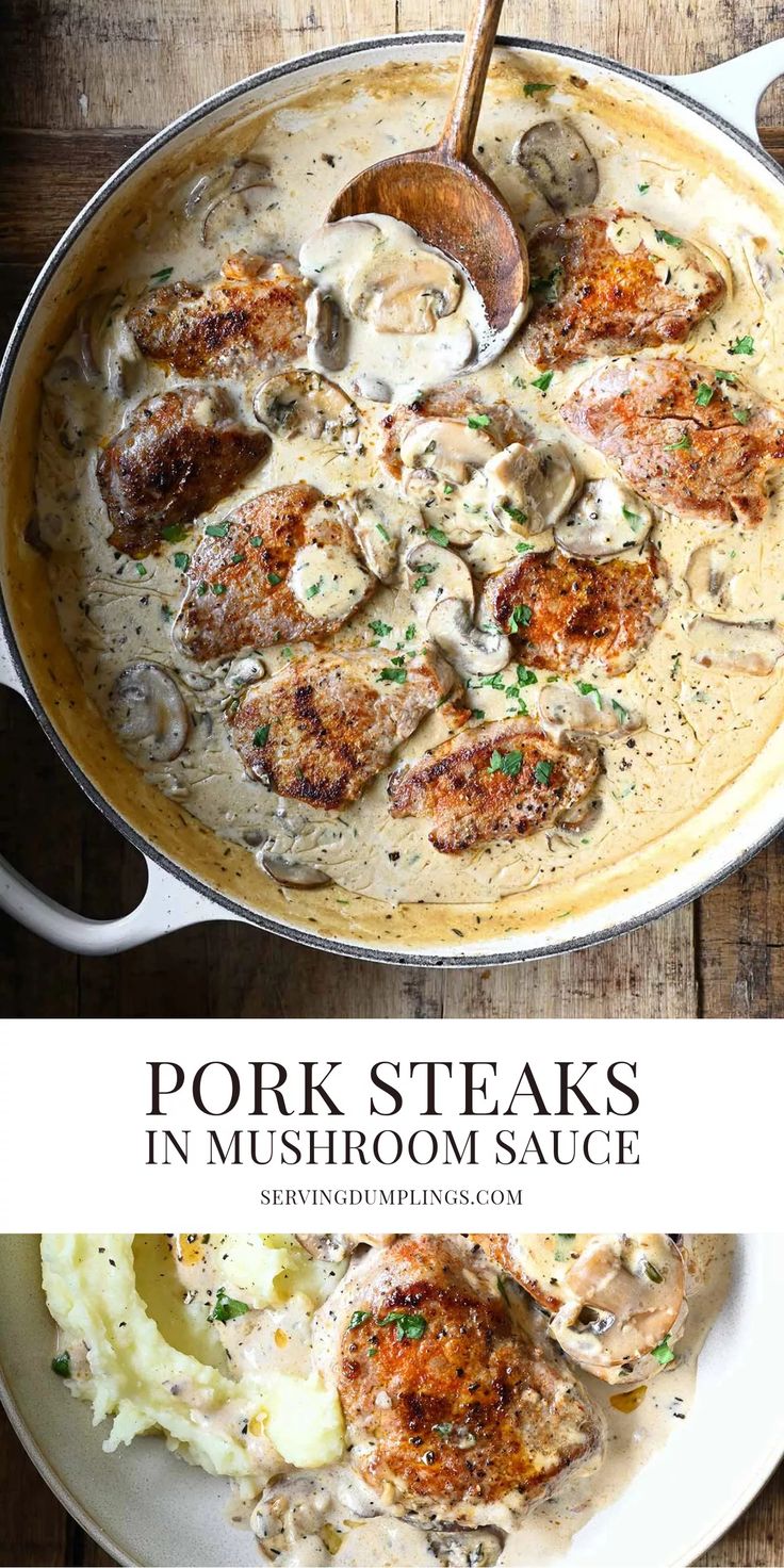 pork steaks in mushroom sauce with mashed potatoes