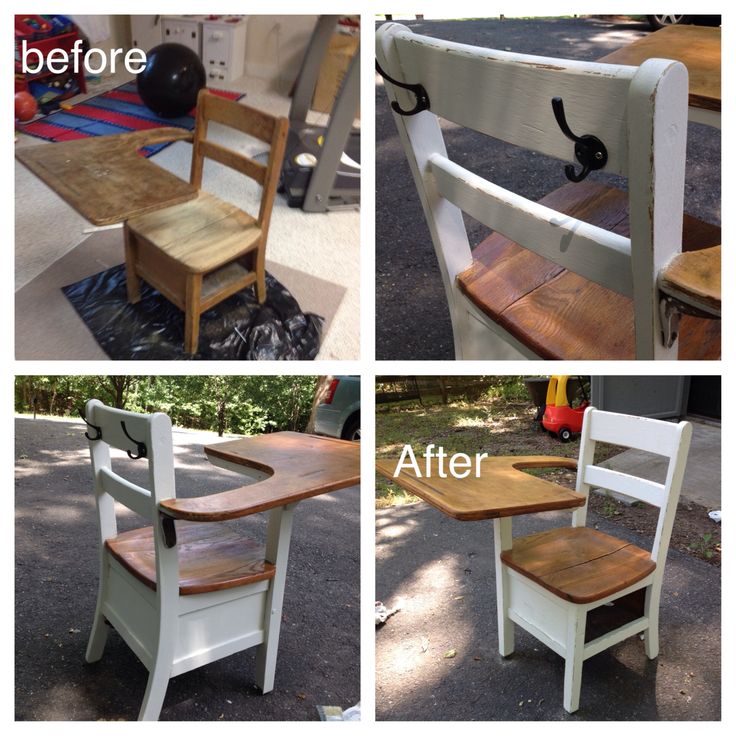 before and after photos of a child's desk chair makeover with chalk paint