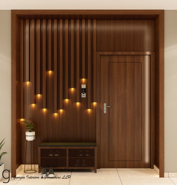 Wooden Panelling Entrance Wall Panelling Design, Entrance Panelling Design, Main Door Panelling Design, Entrance Panelling, Main Entrance Wooden Doors, Door Panelling, Veneer Wardrobe, Traditional House Interior, Wooden Almirah