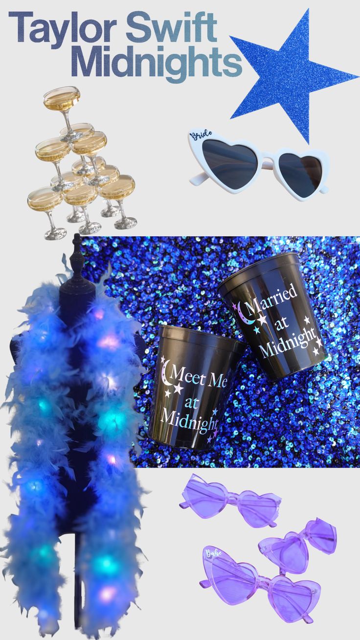 blue and white items including sunglasses, tinsels and star shaped glasses are featured in this image