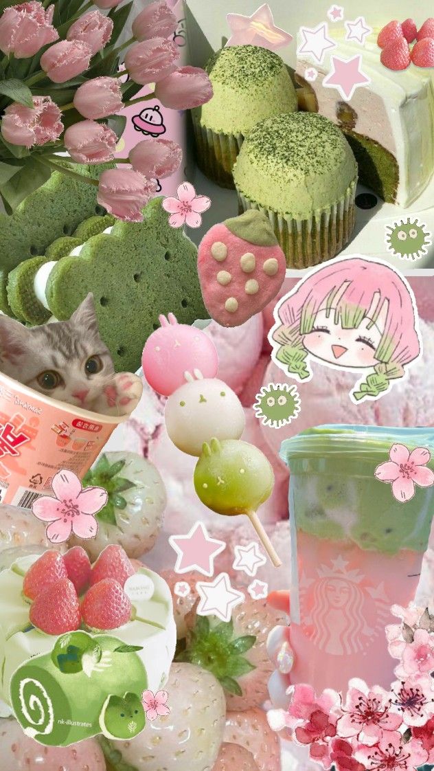 a collage of pink and green items including cupcakes, strawberries, flowers, and other things