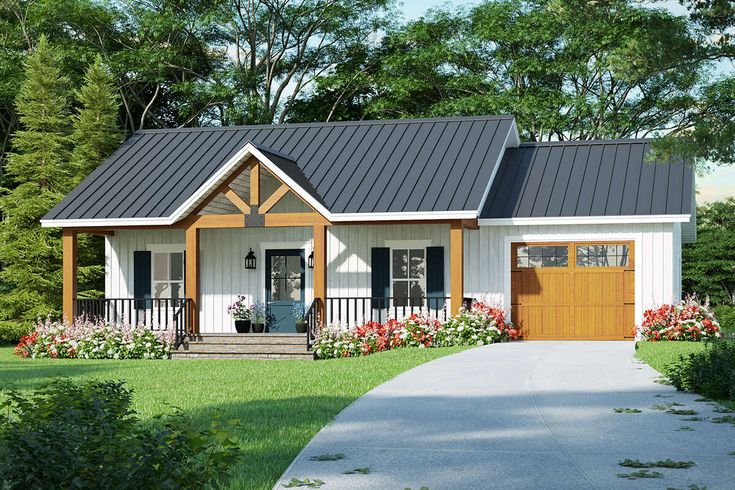 a small white house with a brown front door