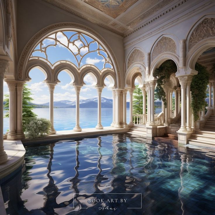 an indoor swimming pool surrounded by columns and arches with the water reflecting off it's surface