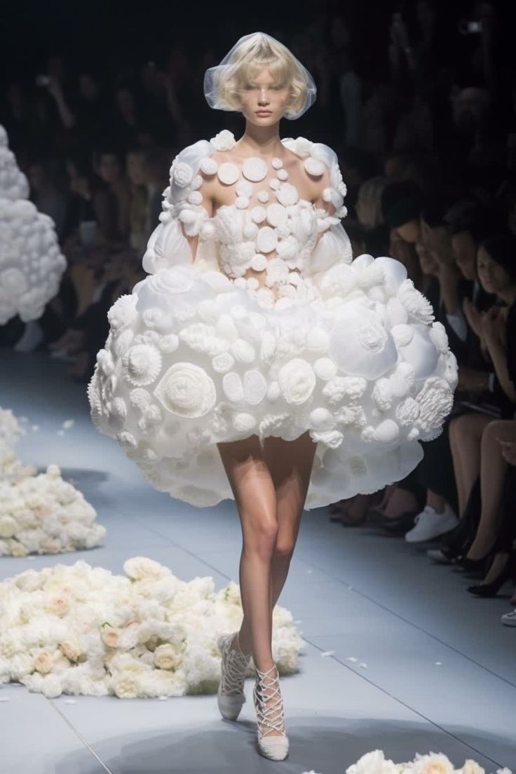 a model walks down the runway in a white dress made out of flowers and petals