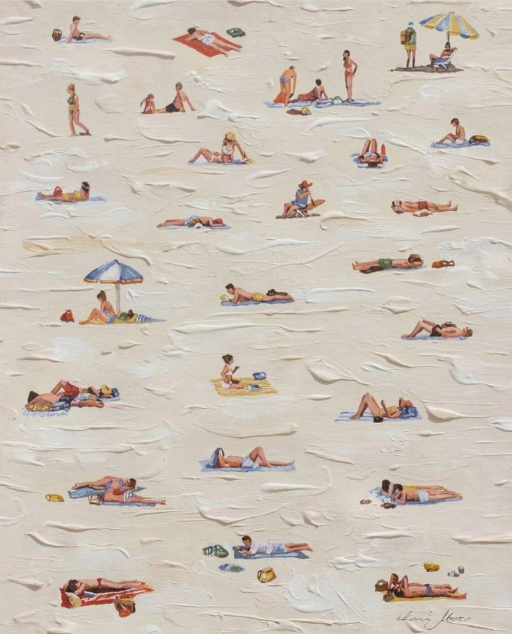 a painting of people laying on the beach