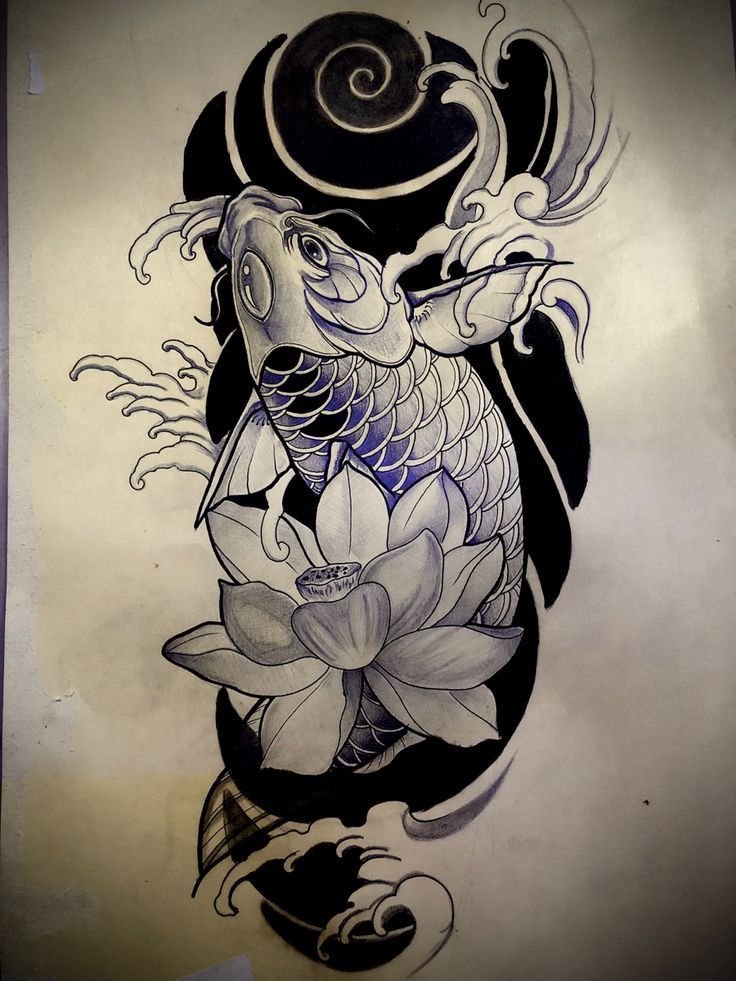 a drawing of a koi fish with flowers on it