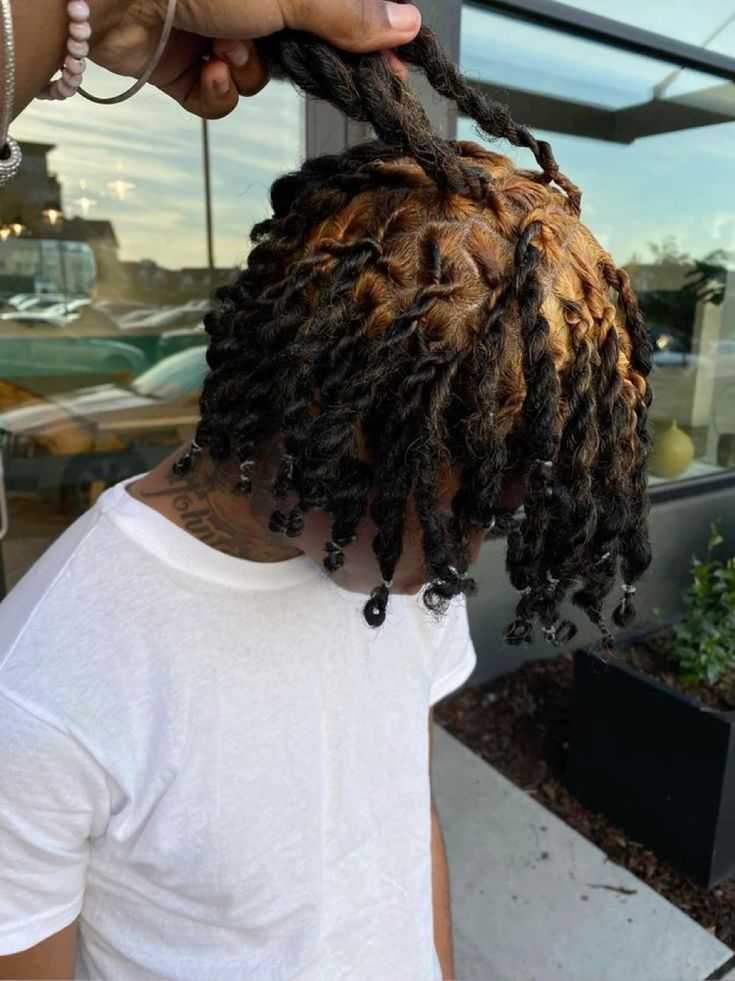 Dreadlocks Dye Ideas, Blonde Roots Dark Ends Locs, Dyed Locs Men Dreadlocks, Men�’s Loc Hairstyles, Dyed Hair Dreads, Men’s Locs Styles, Face Framing Highlights Bob, Dyed Roots On Locs, Dread Dye Ideas