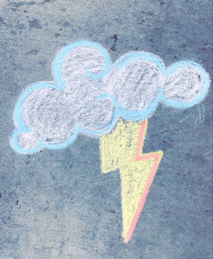 a chalk drawing of a lightning bolt and clouds