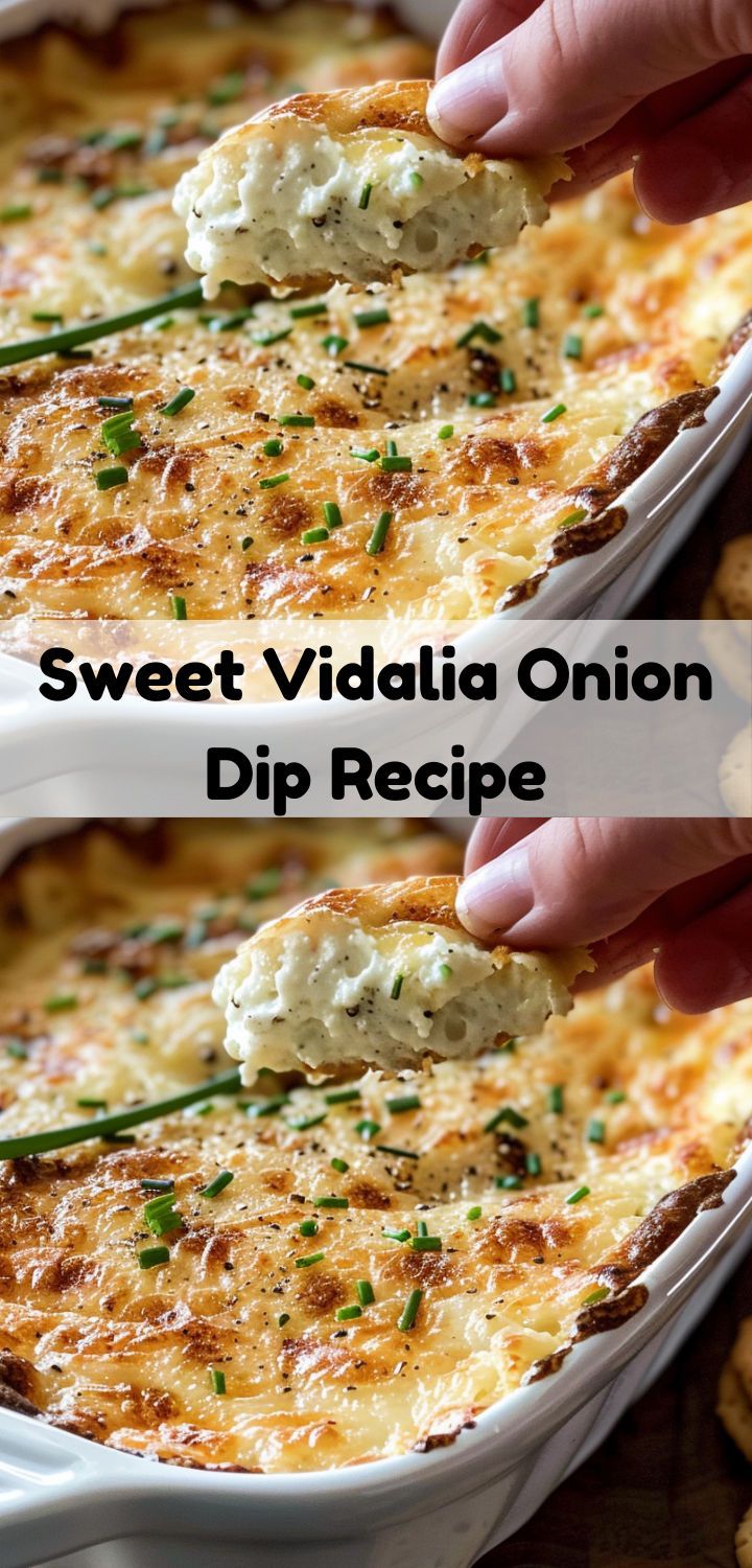 a person dipping dip into a casserole dish with the words sweet viadia onion dip recipe