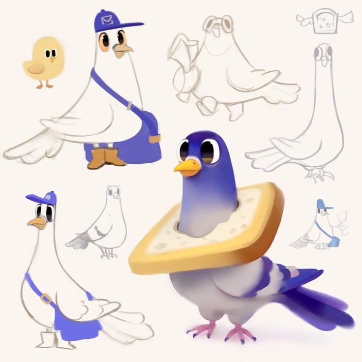 several cartoon birds with different facial expressions on their faces and body, including one bird holding a piece of bread