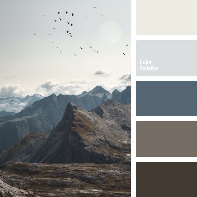 the mountains are covered in snow and birds fly over them, while there is a color palette