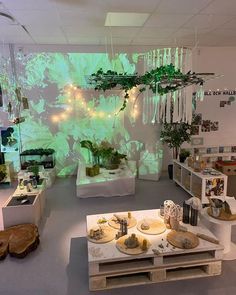 a room filled with lots of different types of plants and food on tables in front of a large screen