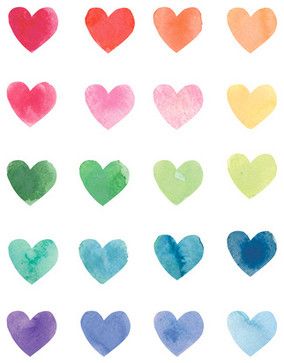 watercolor hearts are arranged in different colors