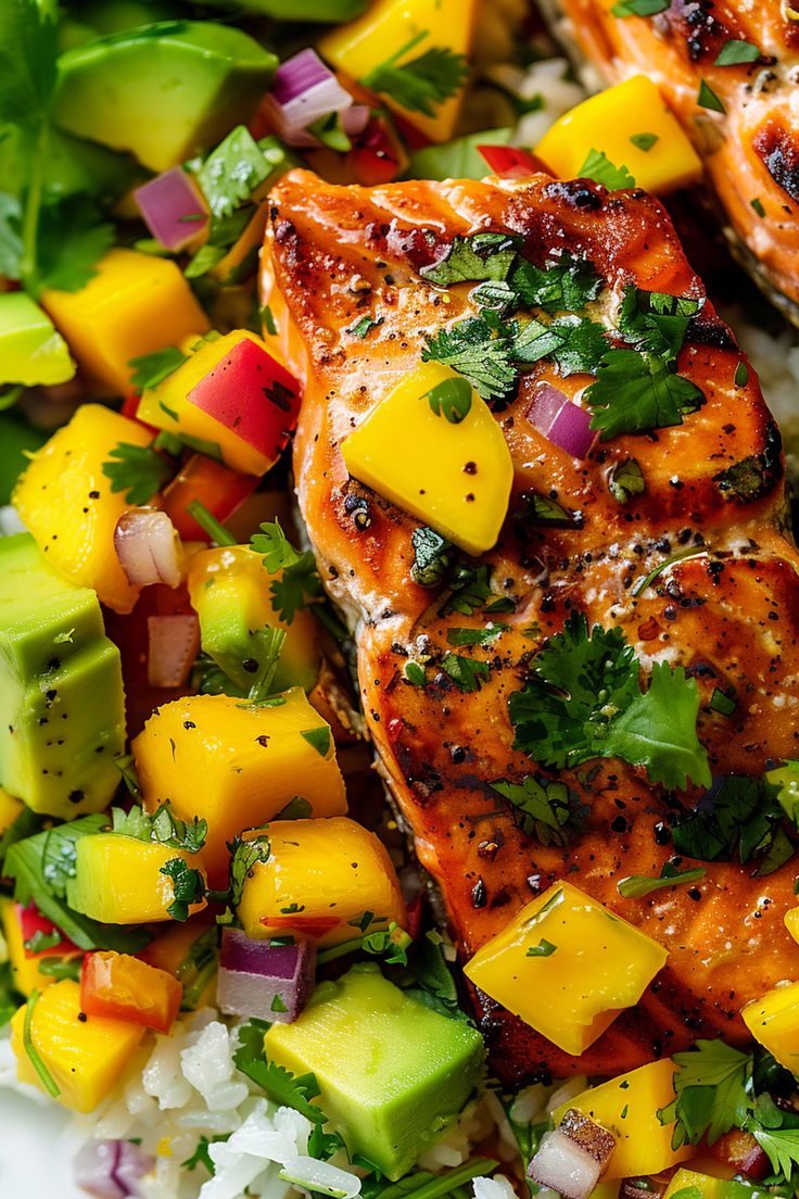 grilled chicken with mango salsa and avocado on rice