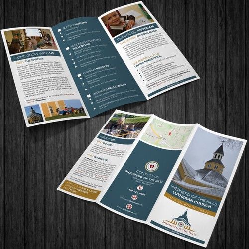 an open tri fold brochure is shown on a wooden table with the image of a church