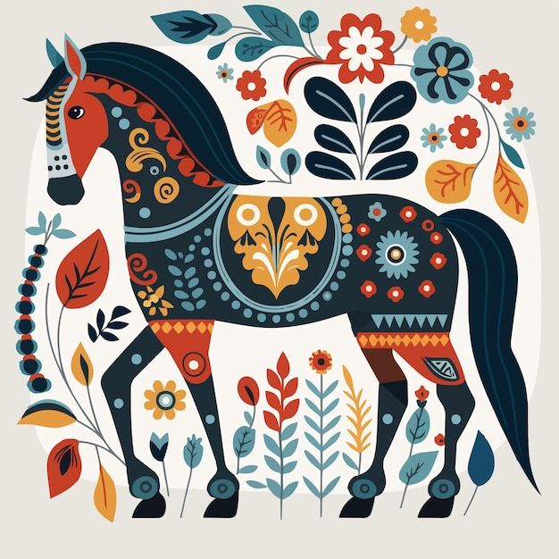 a horse with flowers and leaves on it's body is depicted in this illustration