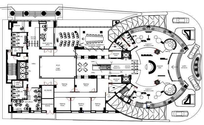 the floor plan for an office building with spiral staircases and circular seating areas on each level