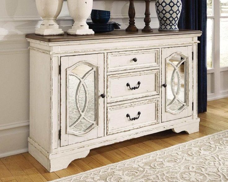 Realyn Chipped White Dining Server - Ornate Home Farmhouse Server Buffet, Mirrored Server Furniture, Farm House Sideboard And Hutch, Dining Server, Dining Room Server, Storage Chair, Ornate Furniture, Casual Dining, Ashley Furniture