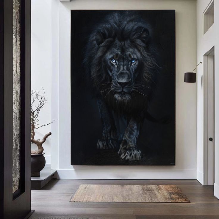 Large Lion Painting Black Lion King Wall Art Big Lion Oil Painting Handmade Animal Canvas Painting Wild Animals Art, Lion Oil Painting, Vintage Modern Bathroom, Wild Animals Painting, Glamour Home, Black Lion, Animal Painting, Linen Canvas, Wood Case