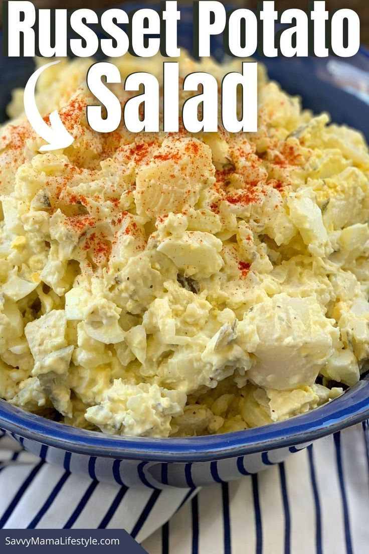 Blue bowl of yellow American Potato Salad Russet Potato Salad Recipe, Russet Potato Recipes, American Potato Salad, Summer Side Dishes Recipes, Potato Salad Mustard, Best Potato Salad Recipe, Homemade Potato Salads, Southern Potato Salad, Potato Salad Recipe Easy