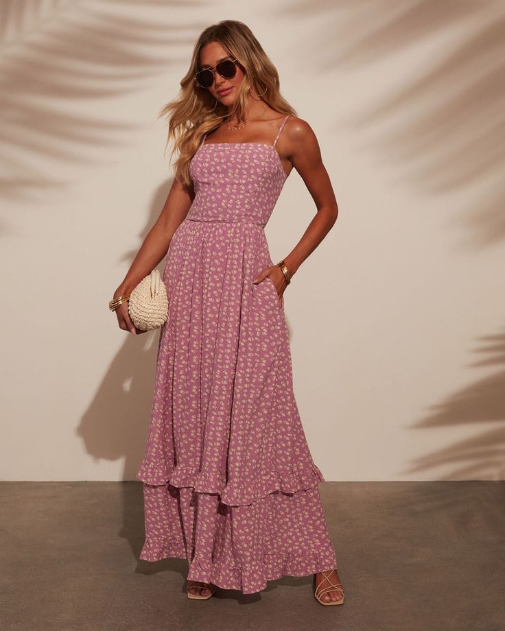 Naiara Tiered Maxi Dress Vici Dress, Relaxed Elegance, Western Wear Dresses, Sunset Vibes, Mauve Dress, Summer Sunset, Dresses By Length, Tiered Maxi Dress, Floral Stripe