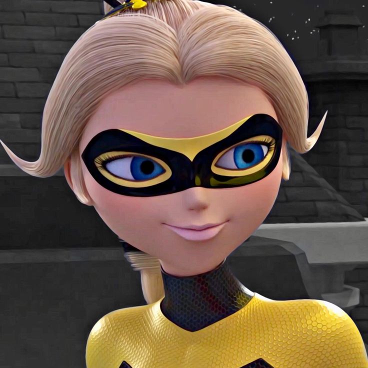 a cartoon character wearing a yellow and black costume with blue eyes, nose ring and gold hair