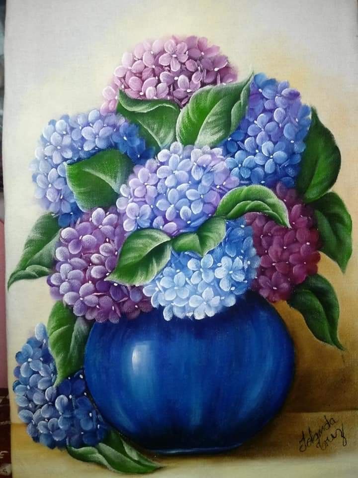 a painting of purple and blue flowers in a blue vase