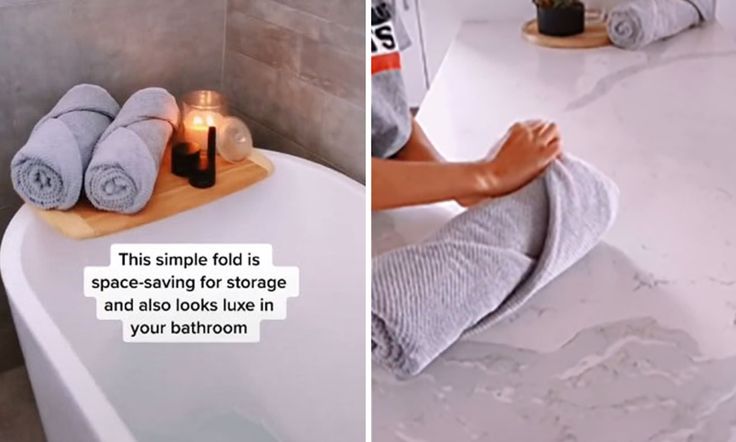 two pictures one with towels and the other with candles on it, both showing someone's feet sitting in a bathtub