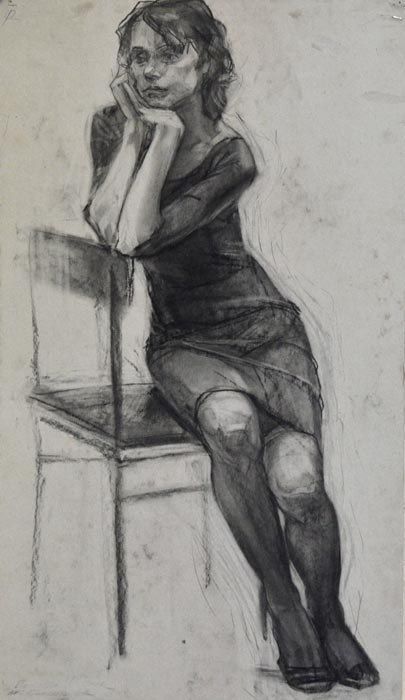 a pencil drawing of a woman sitting on a chair with her hand to her face