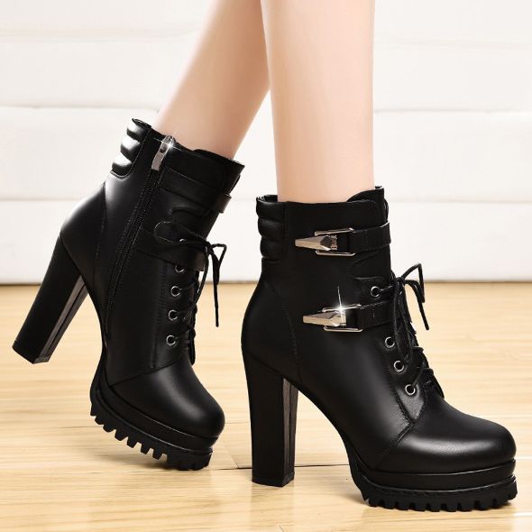 Buckle Design Black Leather Side Zip Ankle Boots on Storenvy Hak Tinggi, Boots Fall Ankle, Rough Heels, Womens Chunky Heels, Super High Heels, Black Shoes Women, High Heel Boots Ankle, Heeled Ankle Boots, Short Boots