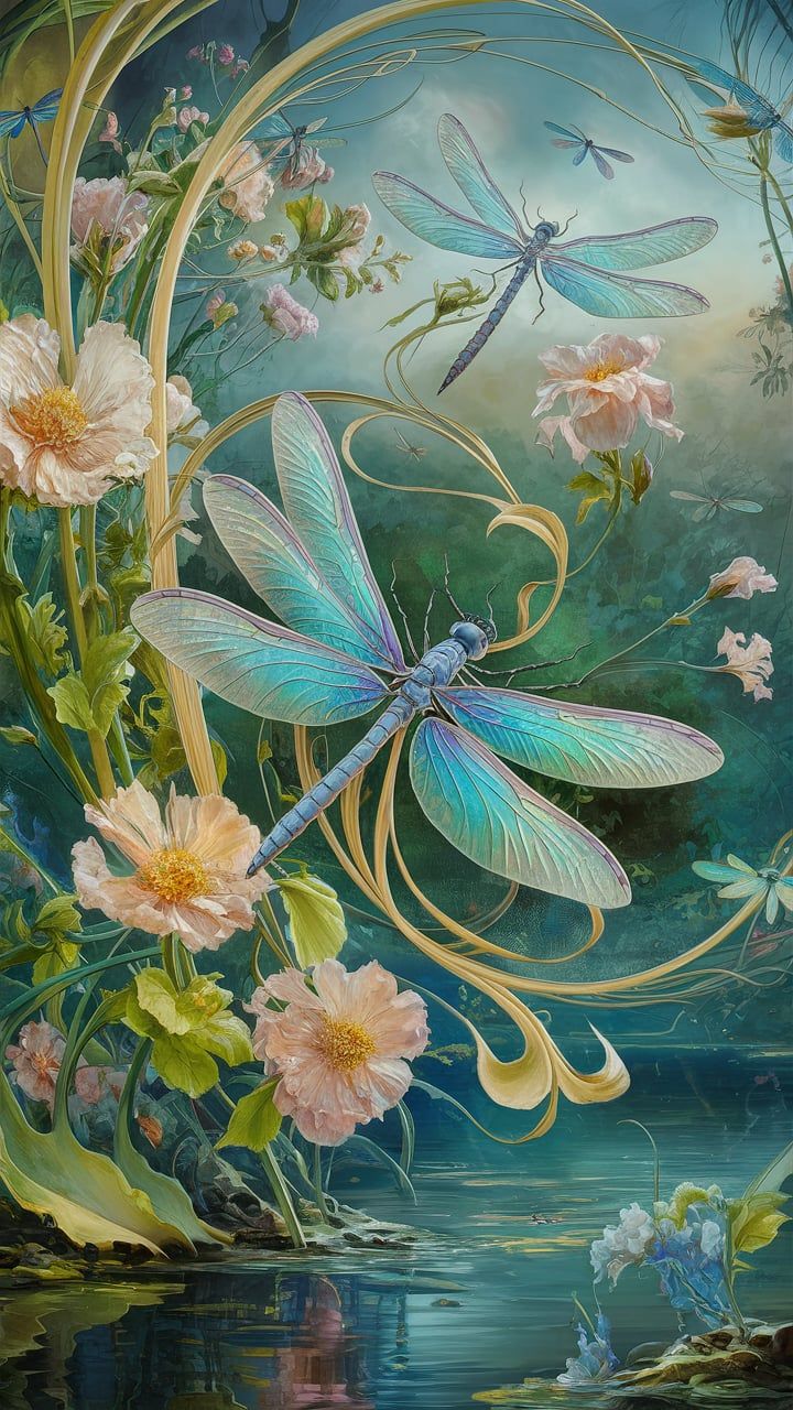 a painting with flowers and dragonflies on it