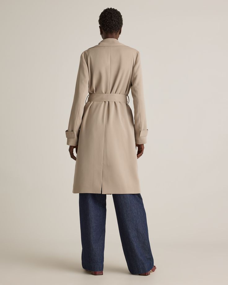 Made from our ultra-wearable stretch crepe, this trench coat will keep you looking polished with its unique wrinkle-resistant properties and sleek silhouette. Try on this timeless style and you'll quickly be impressed with how much of a wardrobe win it is.  | Quince | Women's Stretch Crepe Trench Coat in Morel, Size XS, Recycled Polyester Double-breasted Gabardine Outerwear For Work, Spring Business Outerwear With Belted Cuffs, Chic Gabardine Outerwear For Daywear, Spring Gabardine Outerwear For Daywear, Solid Double-breasted Outerwear For Work, Chic Tailored Outerwear With Belted Cuffs, Versatile Button Closure Outerwear For Work, Belted Notch Lapel Outerwear For Work, Belted Long Coat For Work