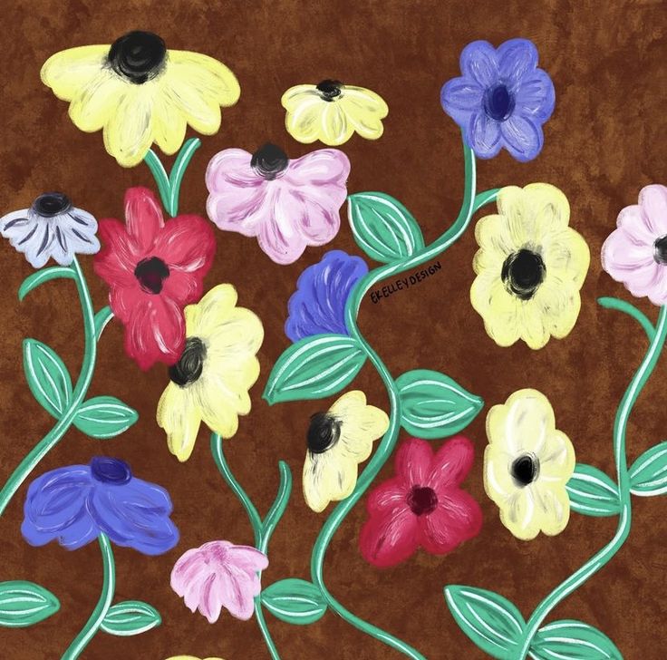 a painting of colorful flowers on a brown background