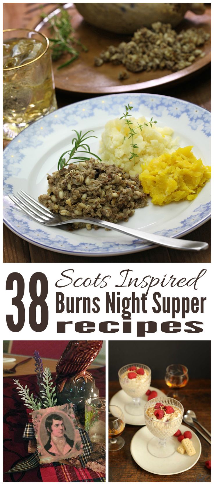 some plates with food on them and the words, 28 savored burns night supper recipes