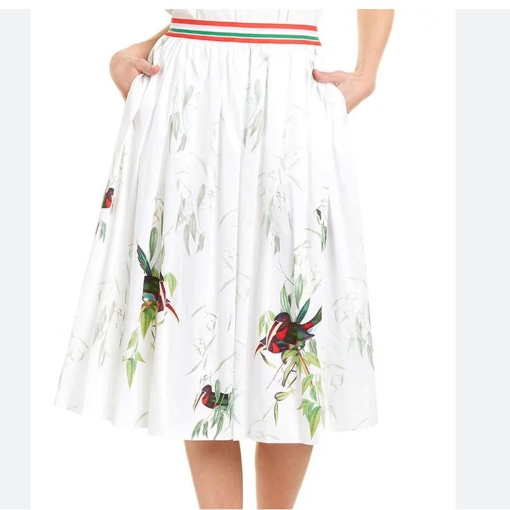 This Ted Baker Tutti-Frutti Skirt Is Fully Lined. It’s A Full Skirt With A Striped Waist Band And Artfully Placed Birds. Nwt Size 1 -Which Is Equivalent To A 46 In Us Size Length 29” Waist 11” ( It’s Elastic & Accommodate 16 Inches Wide. I Usually Wear A Size 6 & 29 In Pants And It Fits Me) Smoke-Free Fragrance Free House Cover Photo Is Stock There Is One Tiny Mark On The Last Photo Next To The Tag . Casual Full Skirt For Garden Party, Casual White Skirt For Garden Party, Casual Flared Skirt For Garden Party, White Pleated Skirt For Garden Party, White Lined Skirt For Garden Party, White Midi Skirt For Garden Party, Handkerchief Hem Skirt, Brown Leather Skirt, Asymmetrical Midi Skirt