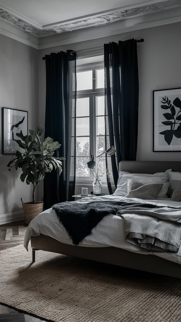 a bedroom with a large bed and black curtains