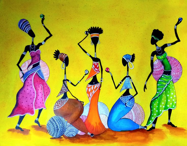 three women in colorful dresses are dancing together