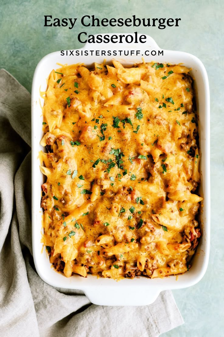 an easy cheesy casserole in a white dish on a gray napkin