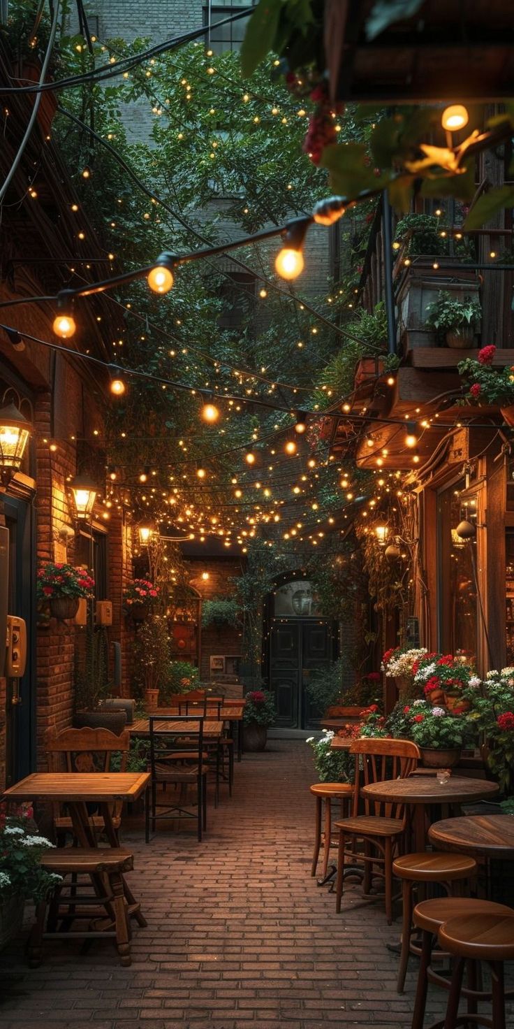 an alleyway with tables and chairs covered in lights, plants and potted flowers