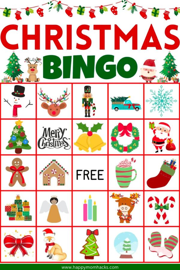 a christmas game with the words christmas bingo on it and images of holiday items in red,