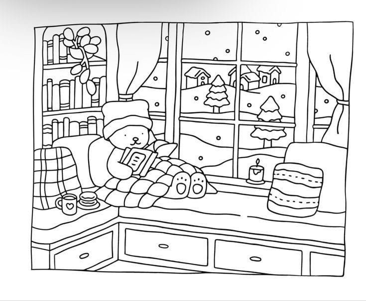 a black and white drawing of a teddy bear sitting on a window sill in front of a christmas tree