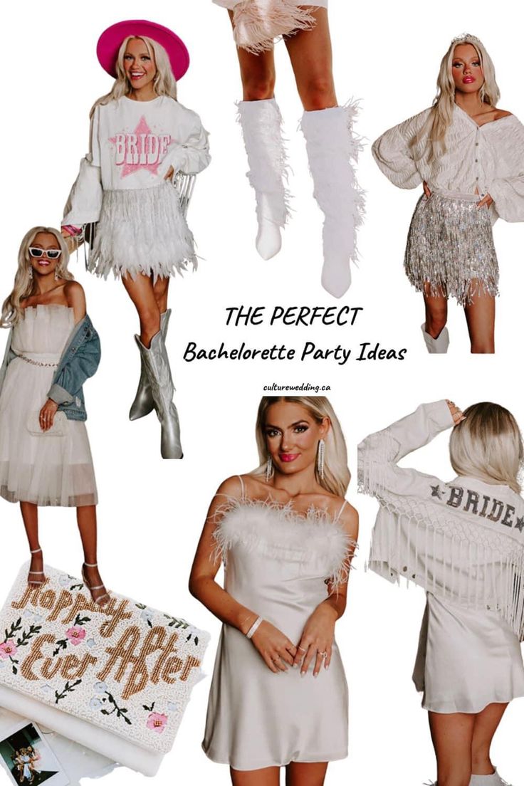 several photos of women dressed in white outfits and hats, with the words bachelor party ideas written on them