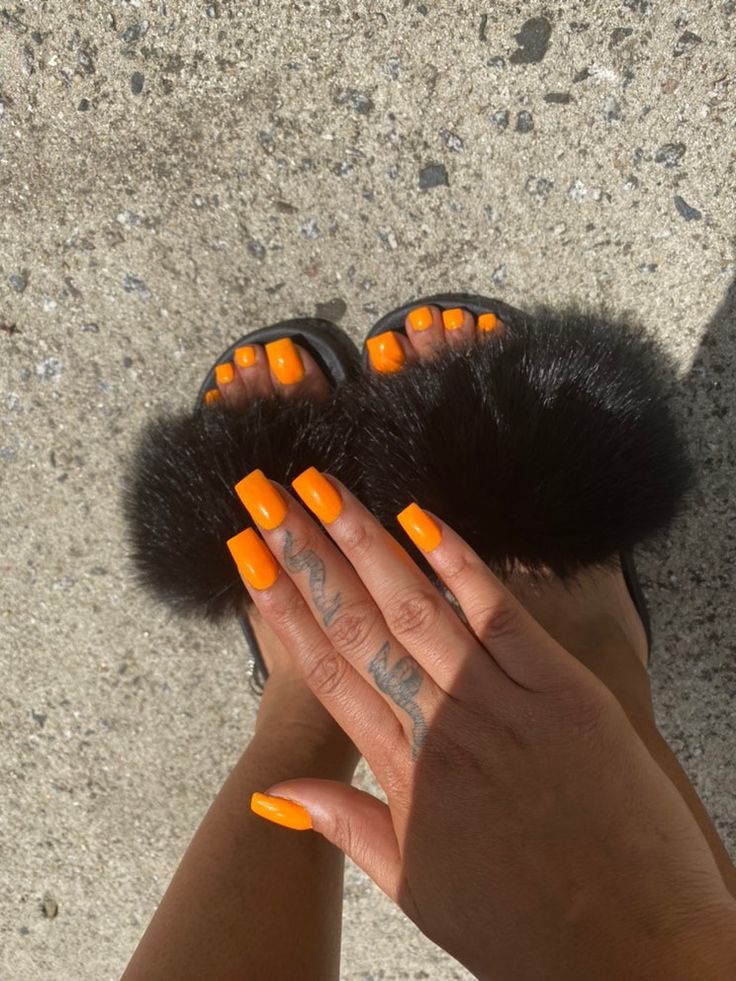 Matching Manicure Pedicure Ideas, Orange Toes Black Women, Toes And Nails Matching Color Combos, Hand And Feet Nails Matching, Hands And Toes Nails Matching, Matching Nails And Toes For Summer, Matching Acrylic Nails And Toes, Acrylic Nails And Toes Matching, Nails And Feet Set