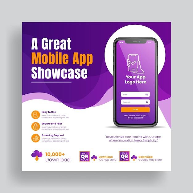 a purple and white flyer for a mobile app