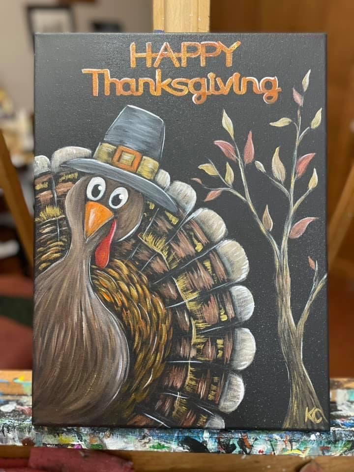 a happy thanksgiving card with a turkey wearing a pilgrim hat